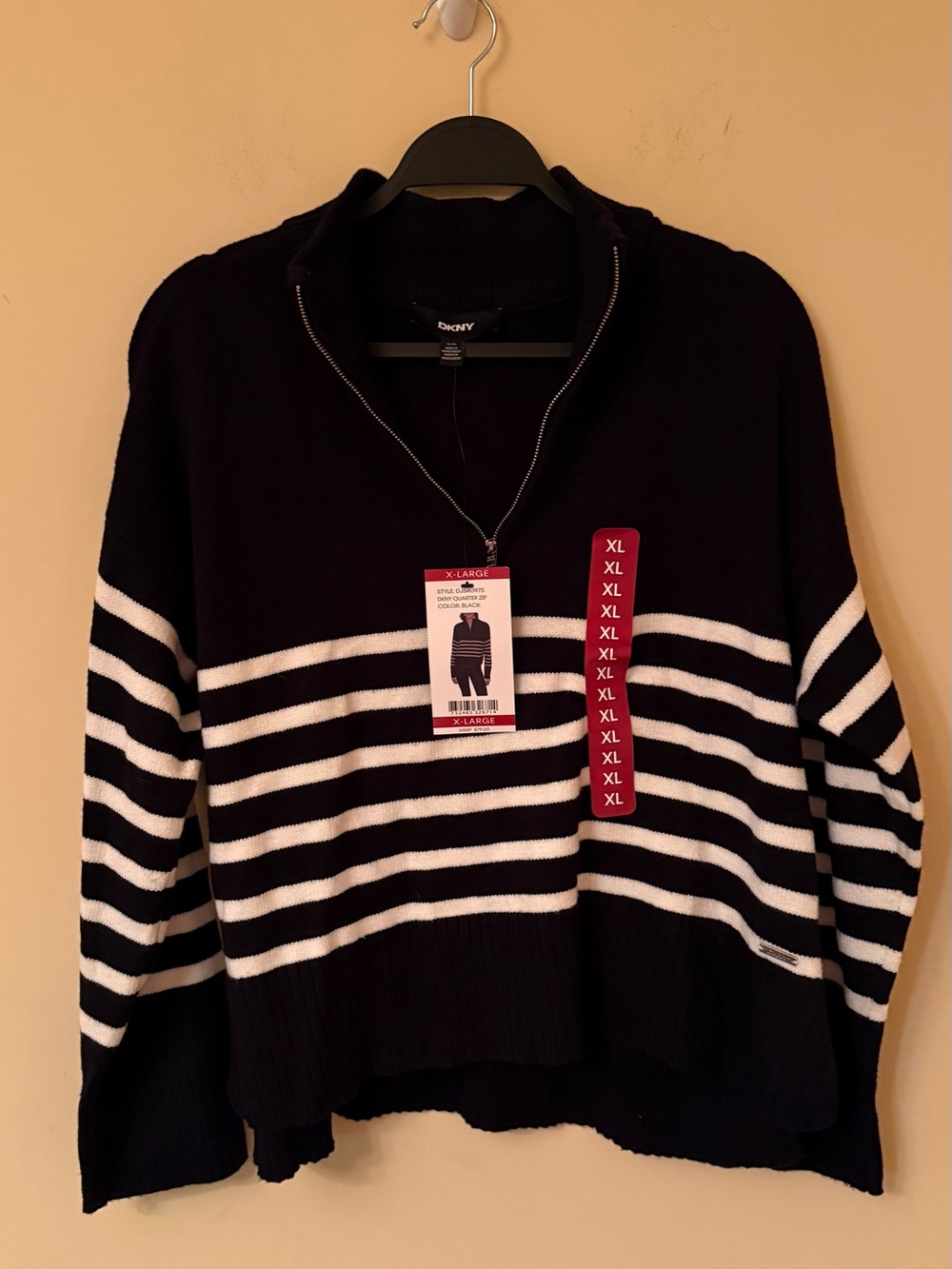 NWT DKNY Black & White Striped Quarter-Zip Turtleneck Sweater Size XL